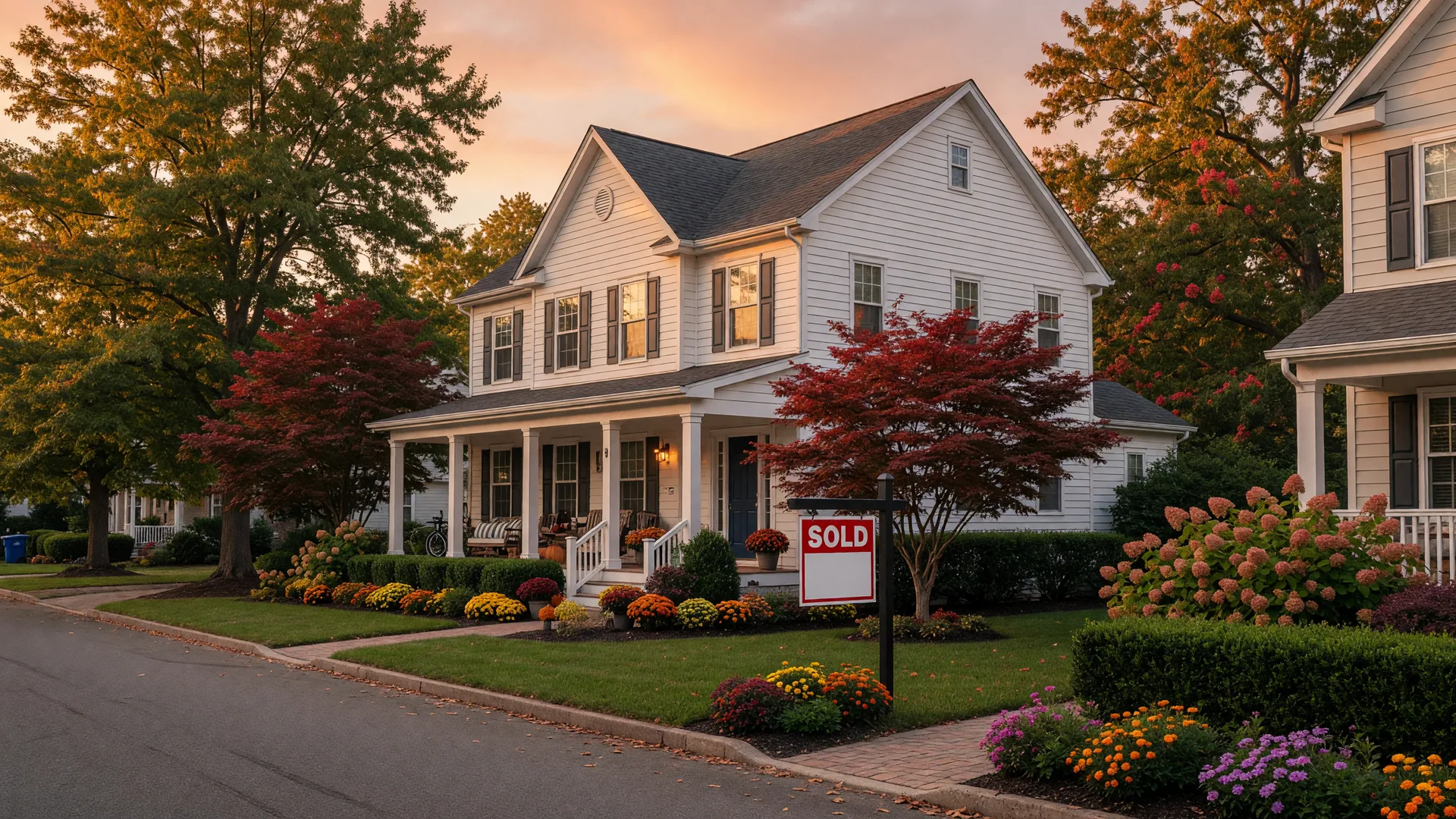 Modern family home in South Jersey with a sold sign and welcoming front porch in golden hour light