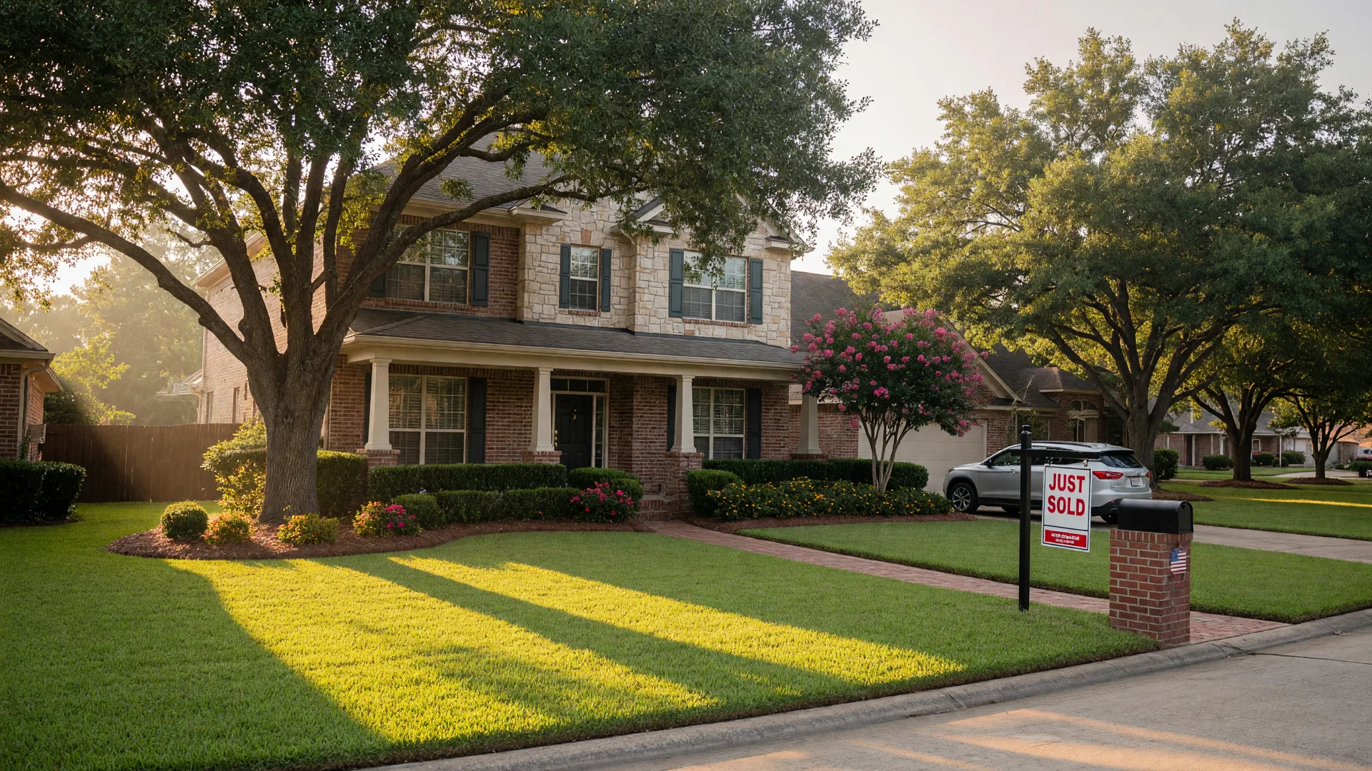 A well-maintained suburban home in the NE Houston area with a brick facade, mature oak trees, and a manicured lawn on a bright summer morning