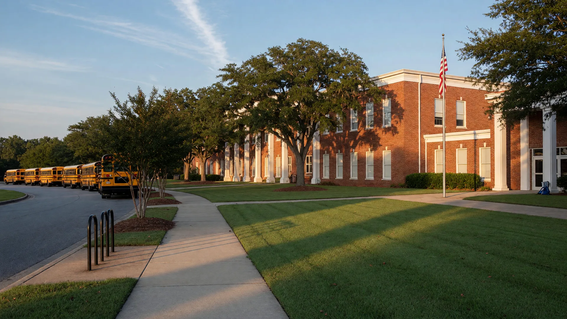 Red brick public school campus in the South Carolina Midlands with yellow school buses parked up front under mature oak trees
