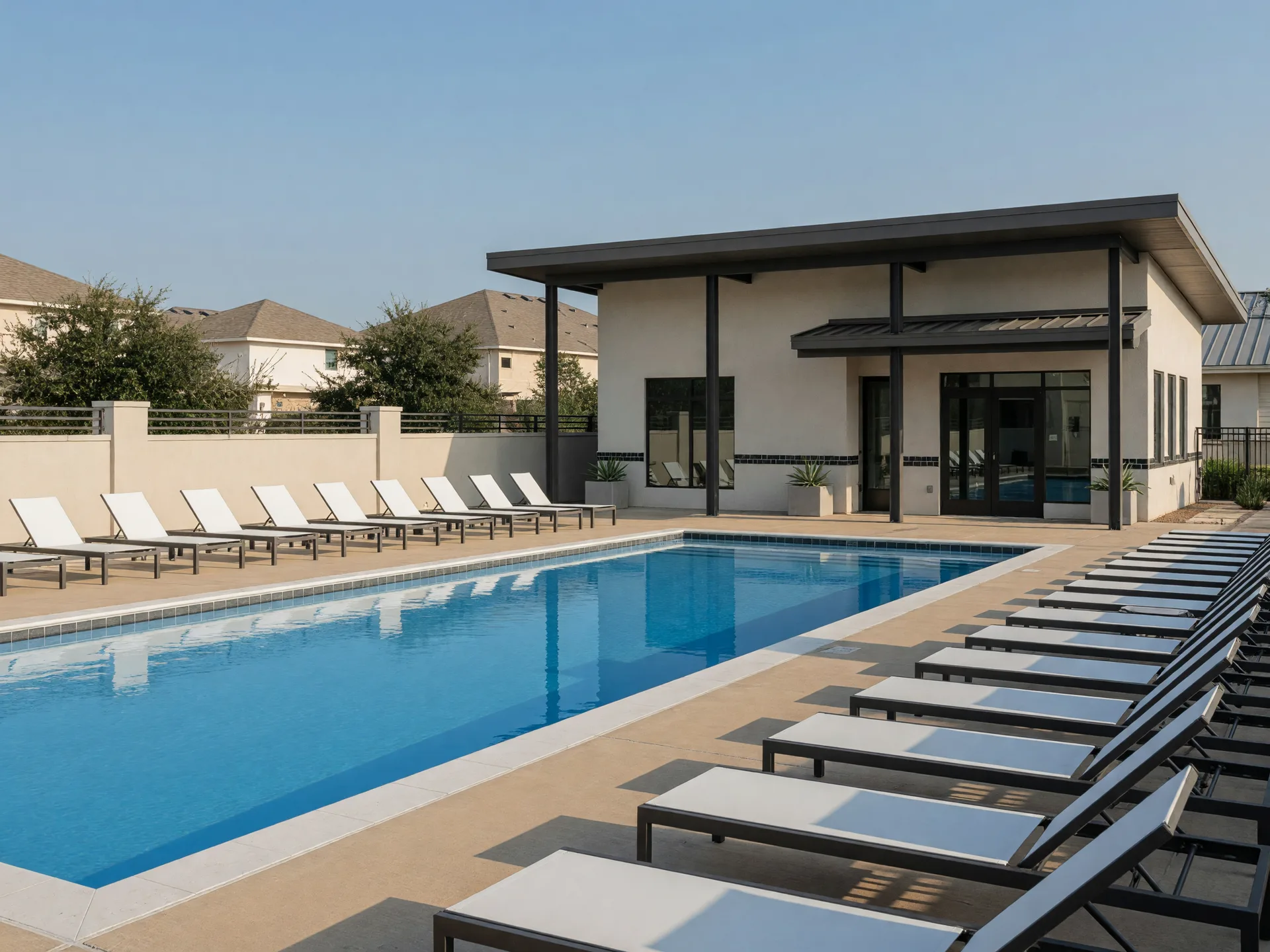 A resort-style community pool with neat rows of lounge chairs and a low amenity building