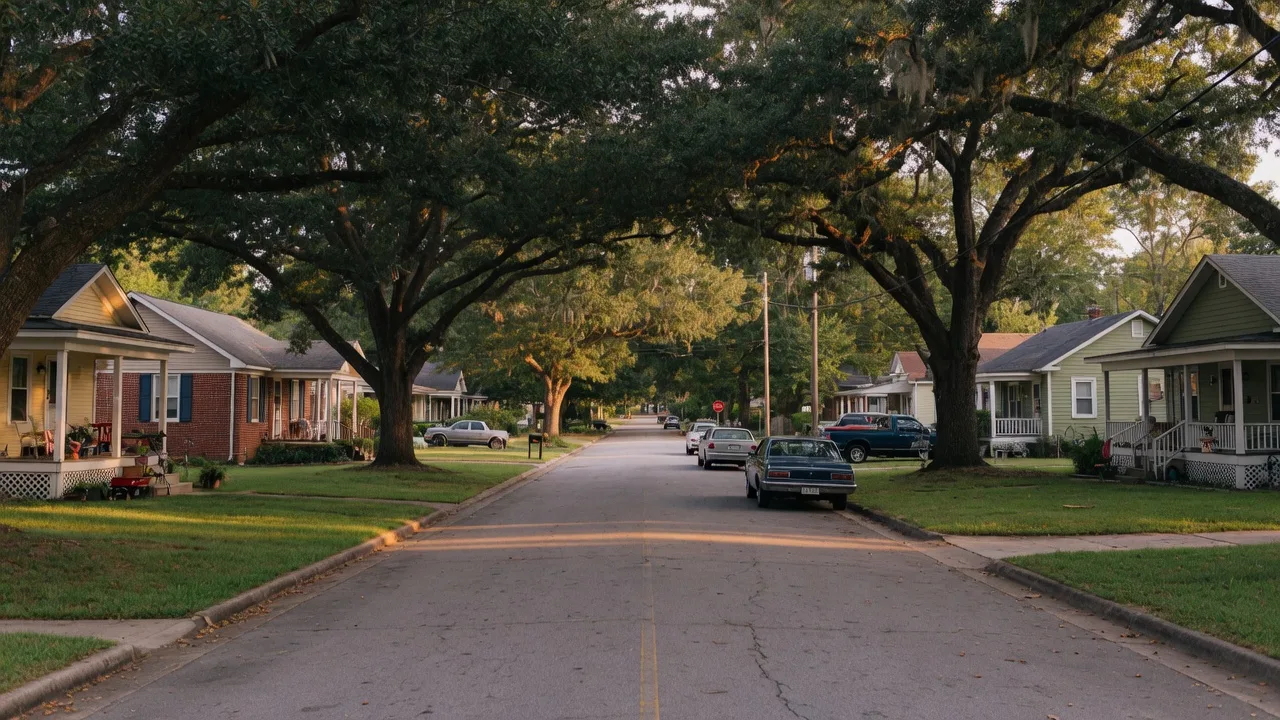 Tree-lined suburban street in the Columbia SC Midlands with mature oaks arching over the road and well-kept homes