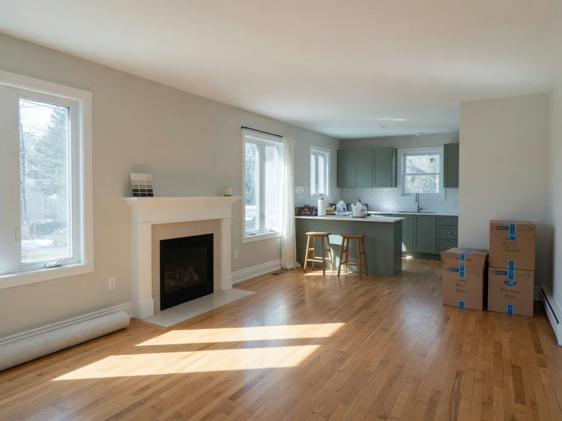 A bright open-concept family room and kitchen on move-in day, with sunlight on hardwood floors, a few packed boxes in the corner and a gas fireplace with a clean white mantel