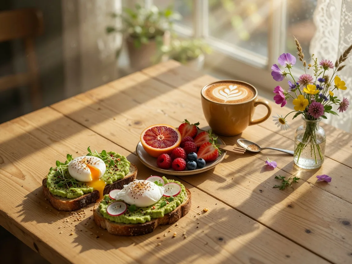 Beautiful brunch spread with avocado toast, fresh fruit, and coffee on a sunlit table