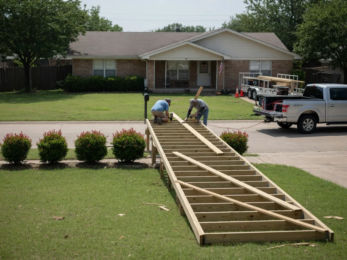 Two volunteers in the distance installing a wooden wheelchair ramp at the front door of a suburban Texas home while a pickup truck with a tool trailer waits at the curb