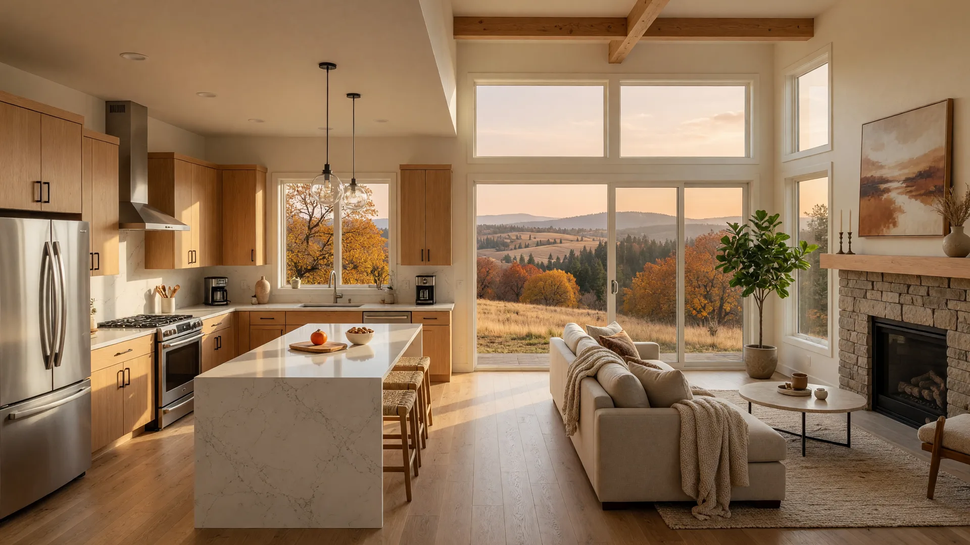 A bright open great room in a new single-story Grants Pass home, with a kitchen island and windows framing golden autumn hills
