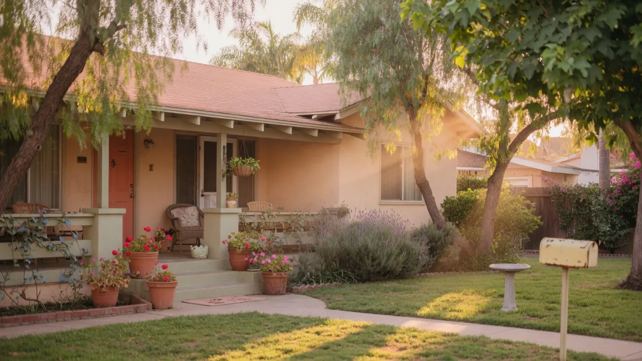 A welcoming San Diego ranch-style home bathed in warm afternoon sunlight, with a front porch and mature trees
