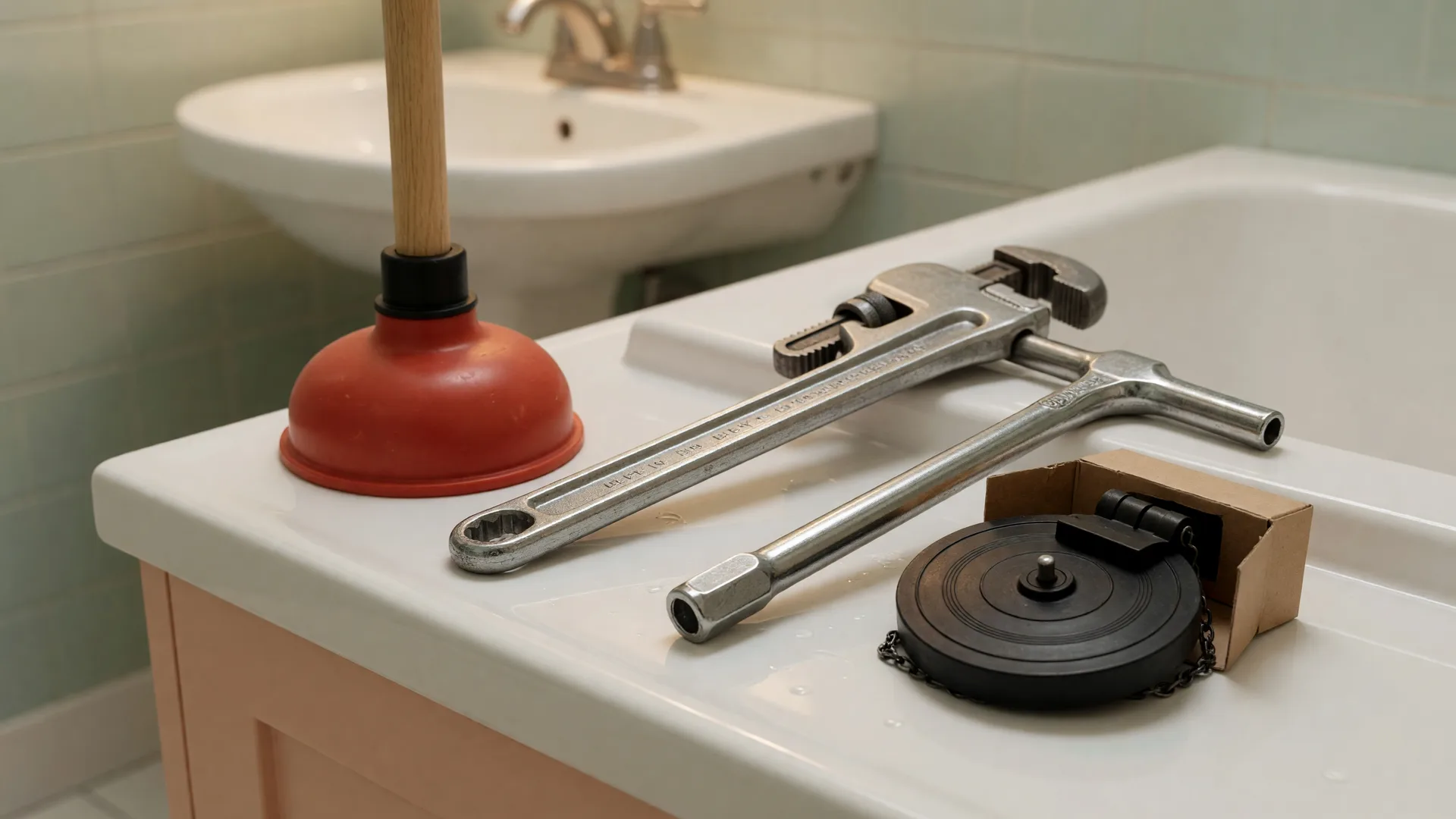 Plumbing tools arranged on a clean white sink counter including a plunger, pipe wrench, basin wrench, and new flapper valve in soft bathroom lighting