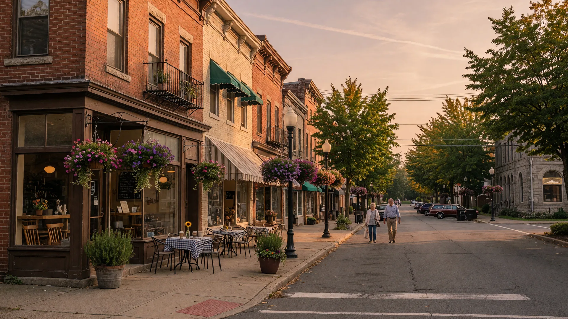 A small-town main street in the Lehigh Valley at golden hour with cafes and flower baskets