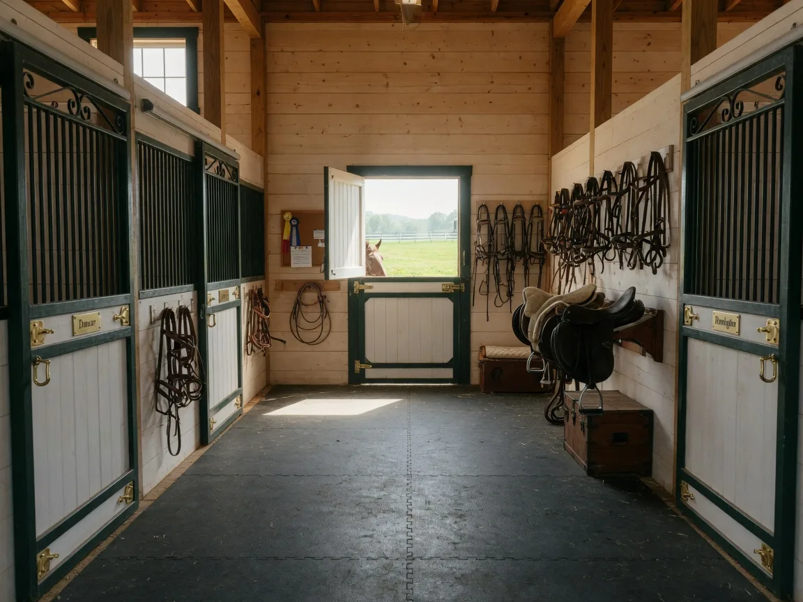 Immaculate horse barn interior with wood stalls and tack