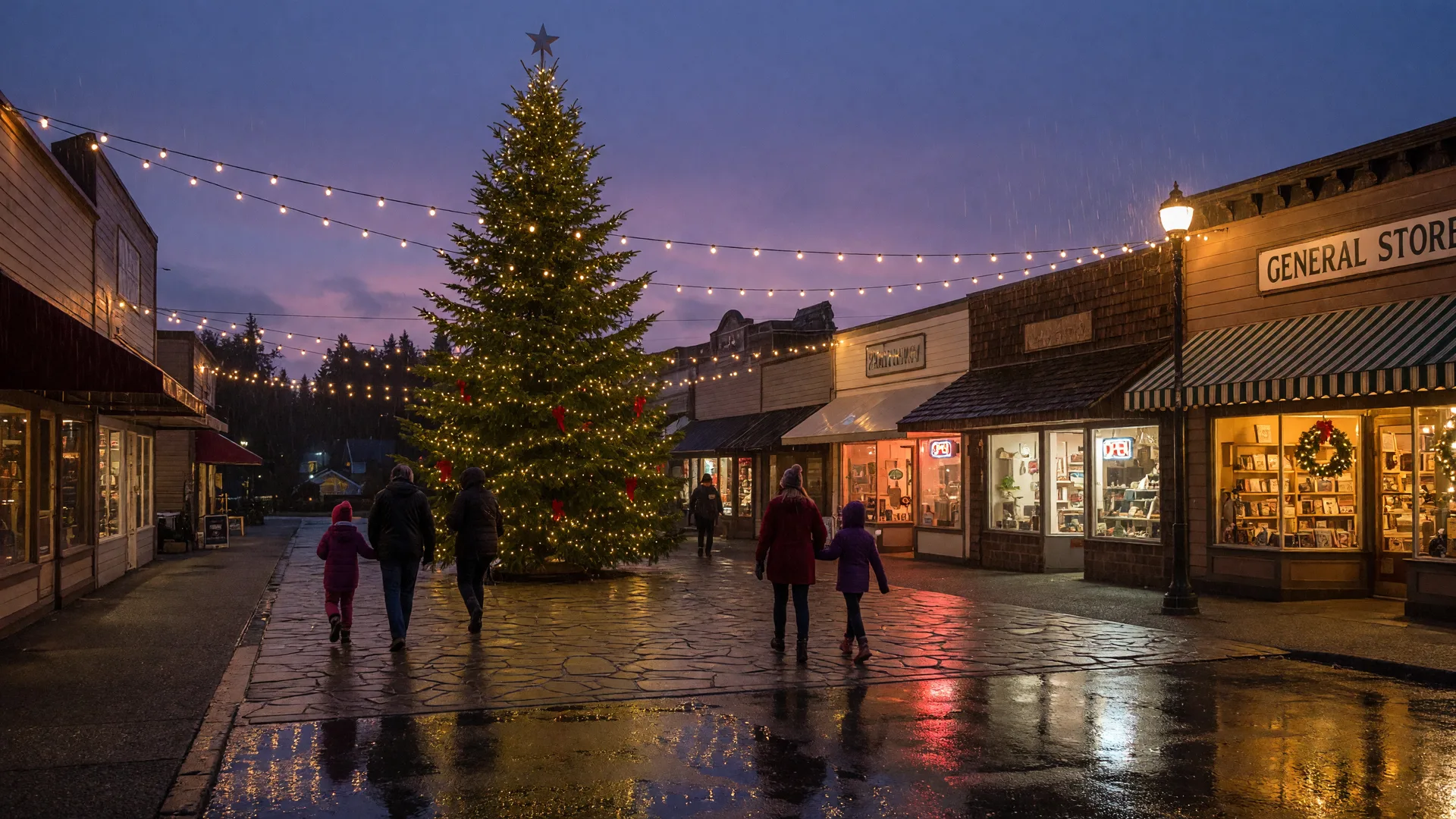 A Pacific Northwest village square at dusk in early December: warm string lights across a rain-slicked plaza, a tall evergreen glowing with white lights and amber-lit storefronts
