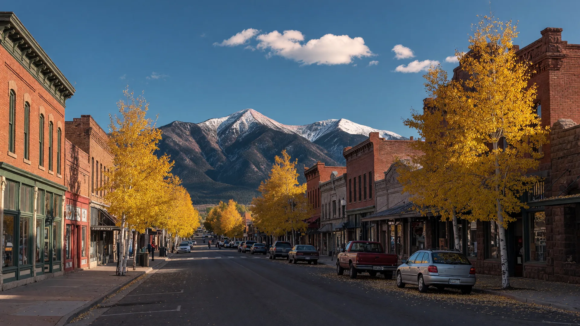 Historic Route 66 storefronts in downtown Flagstaff lined with golden aspens in peak fall color, with the San Francisco Peaks in the distance under a blue October sky
