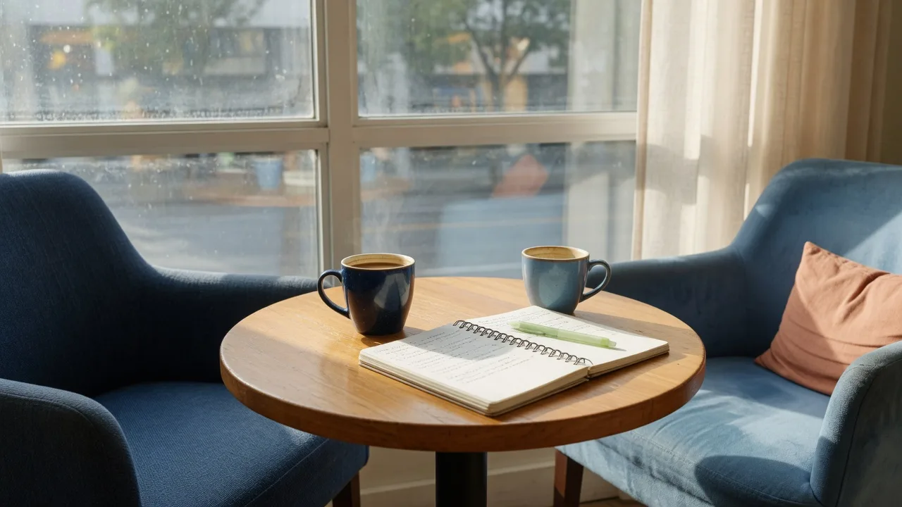Two ceramic mugs and an open notebook on a café table between two chairs