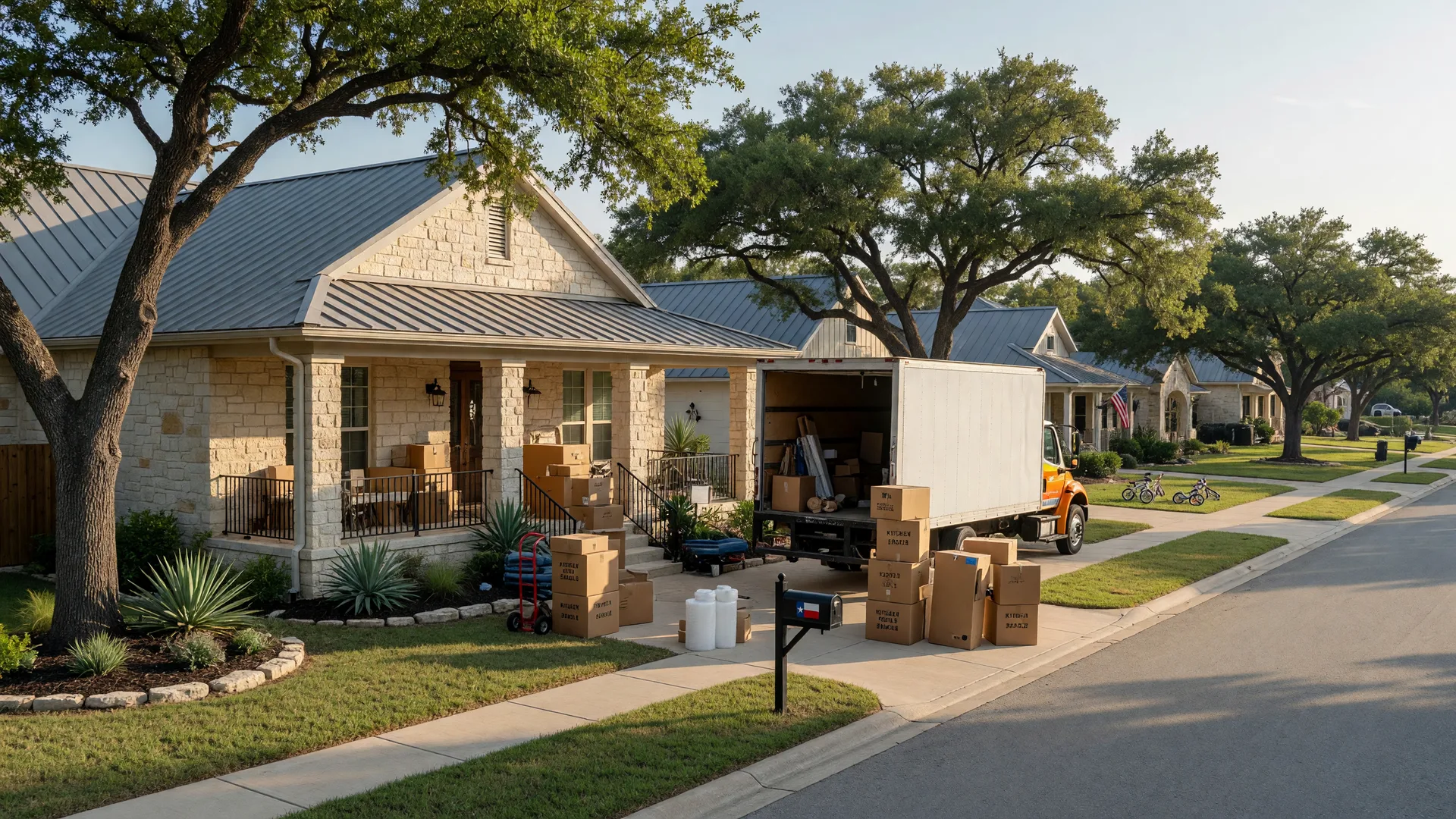 Moving truck in front of a Hill Country style home in a Boerne Texas neighborhood on a sunny day