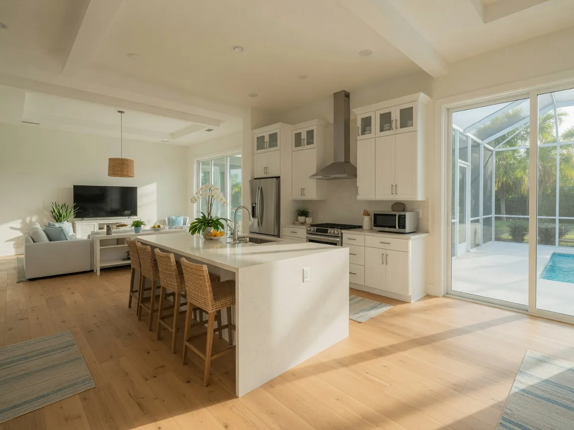 Bright open-concept kitchen and great room in a newly built Florida home with white shaker cabinetry, a light quartz island, and sliders open to a screened lanai