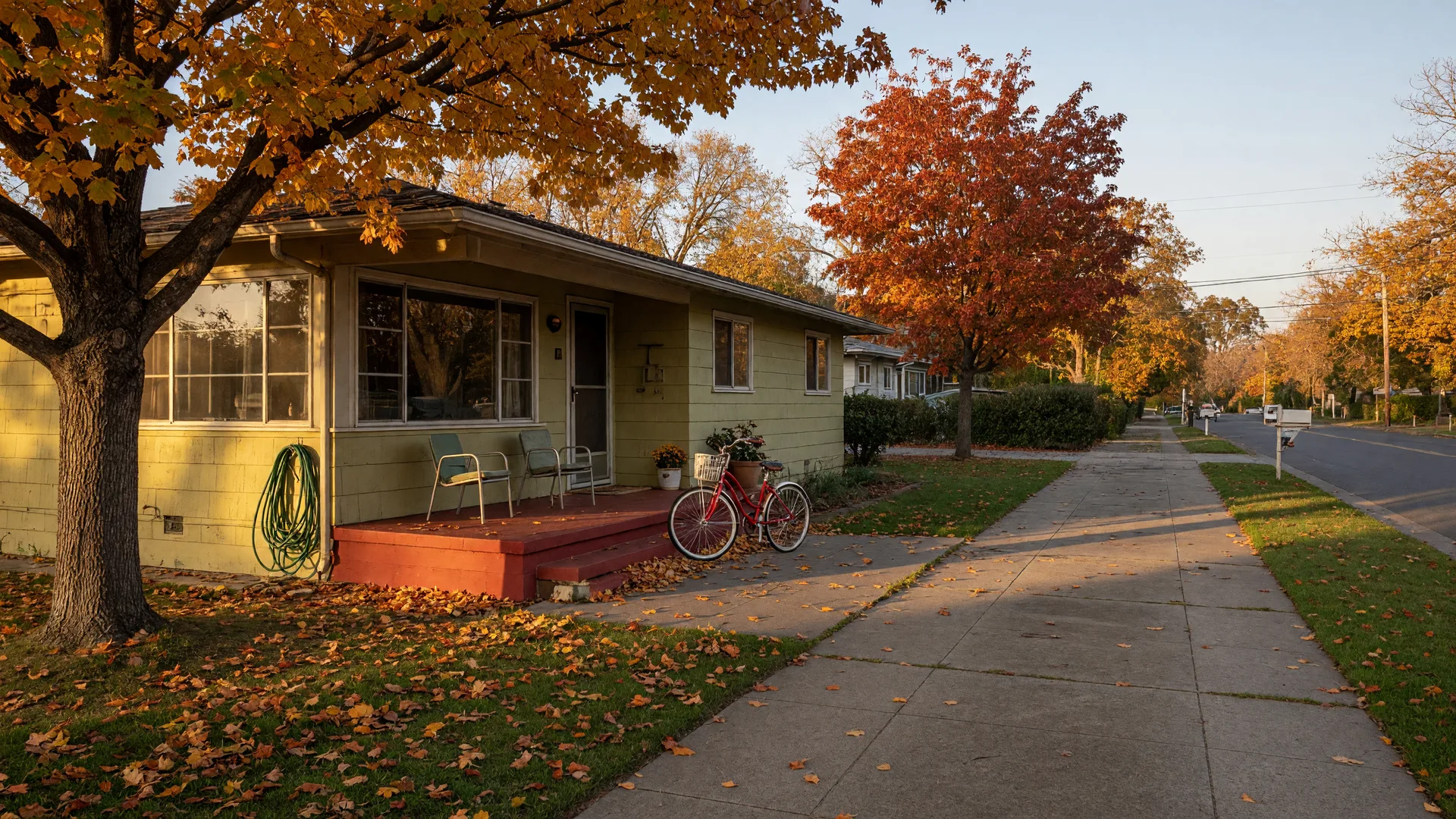 A well-kept 1960s family home with mature trees in warm autumn color on a quiet East Bay street