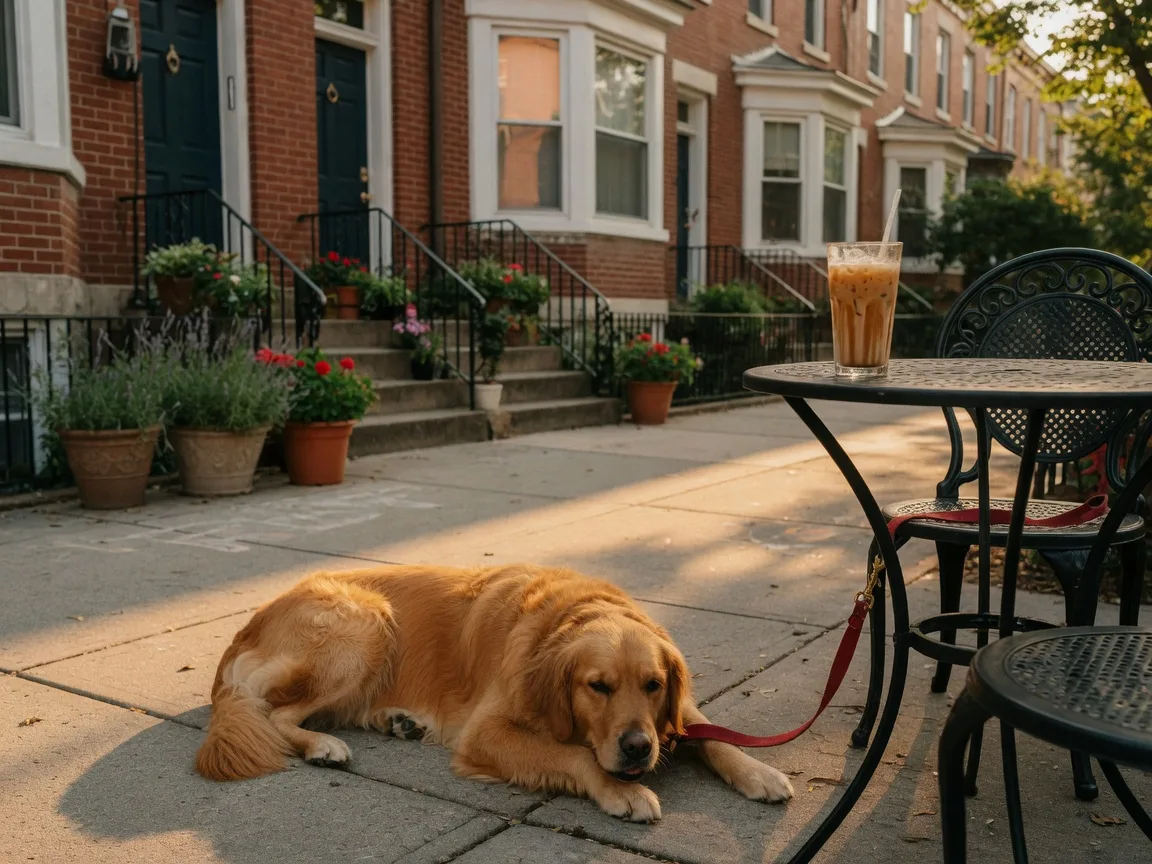 A relaxed golden retriever lying on a sun-warmed Washington DC sidewalk beside a café table, with a red leash draped over a bistro chair and an iced coffee on the table