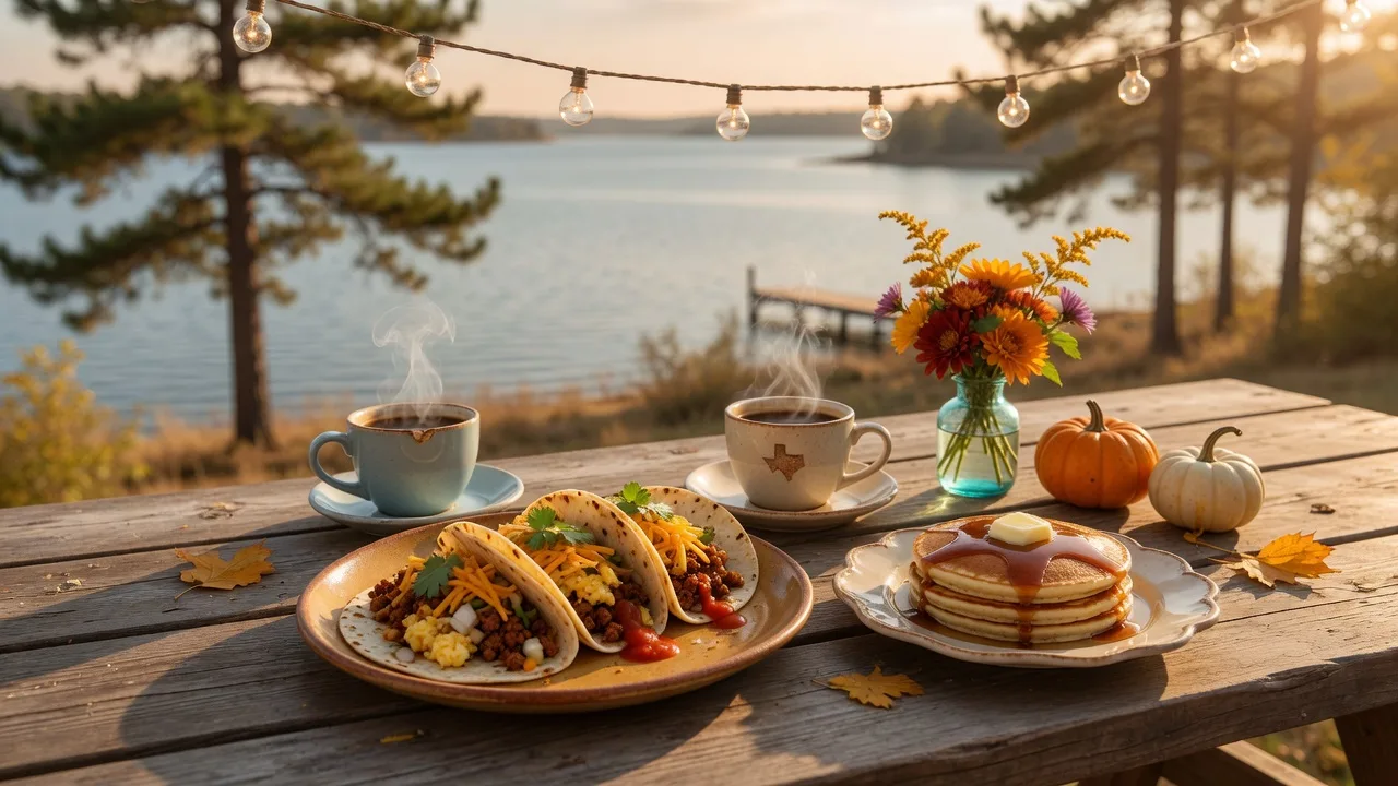 A morning breakfast spread with coffee, breakfast tacos, and pancakes on a wooden café table, string lights and pine trees behind, near a Texas lake