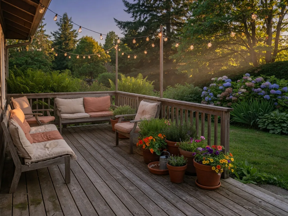 A well-used cedar deck in a Victoria BC garden with cushioned outdoor seating, potted herbs, and string lights in early evening light