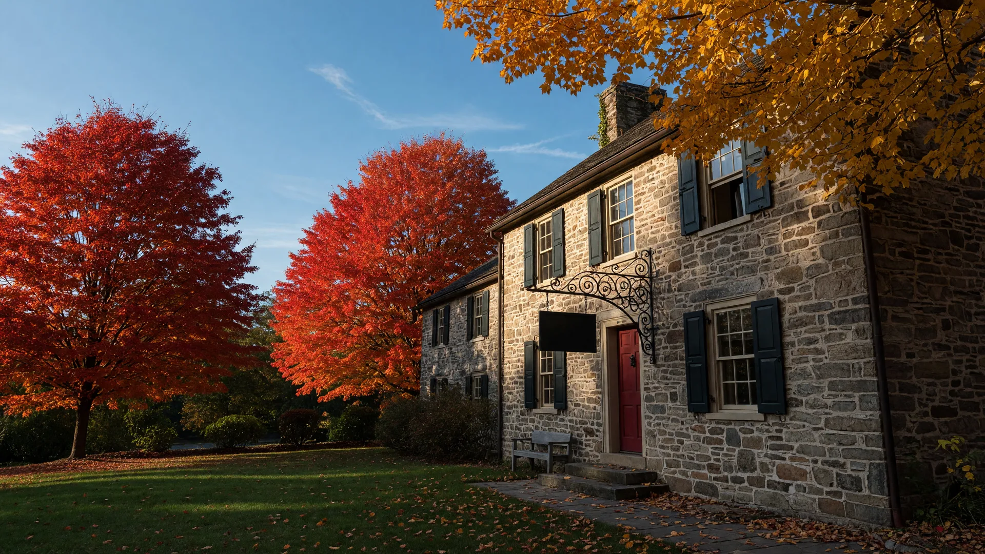The historic stone Blue Bell Inn framed by autumn maples