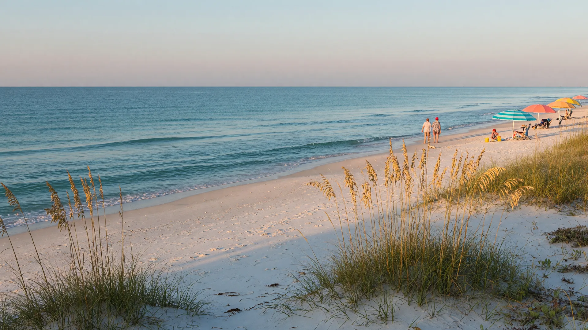 A quiet Gulf of Mexico beach in Southwest Florida on a clear October morning with soft white sand, gentle turquoise waves, and sea oats in the foreground