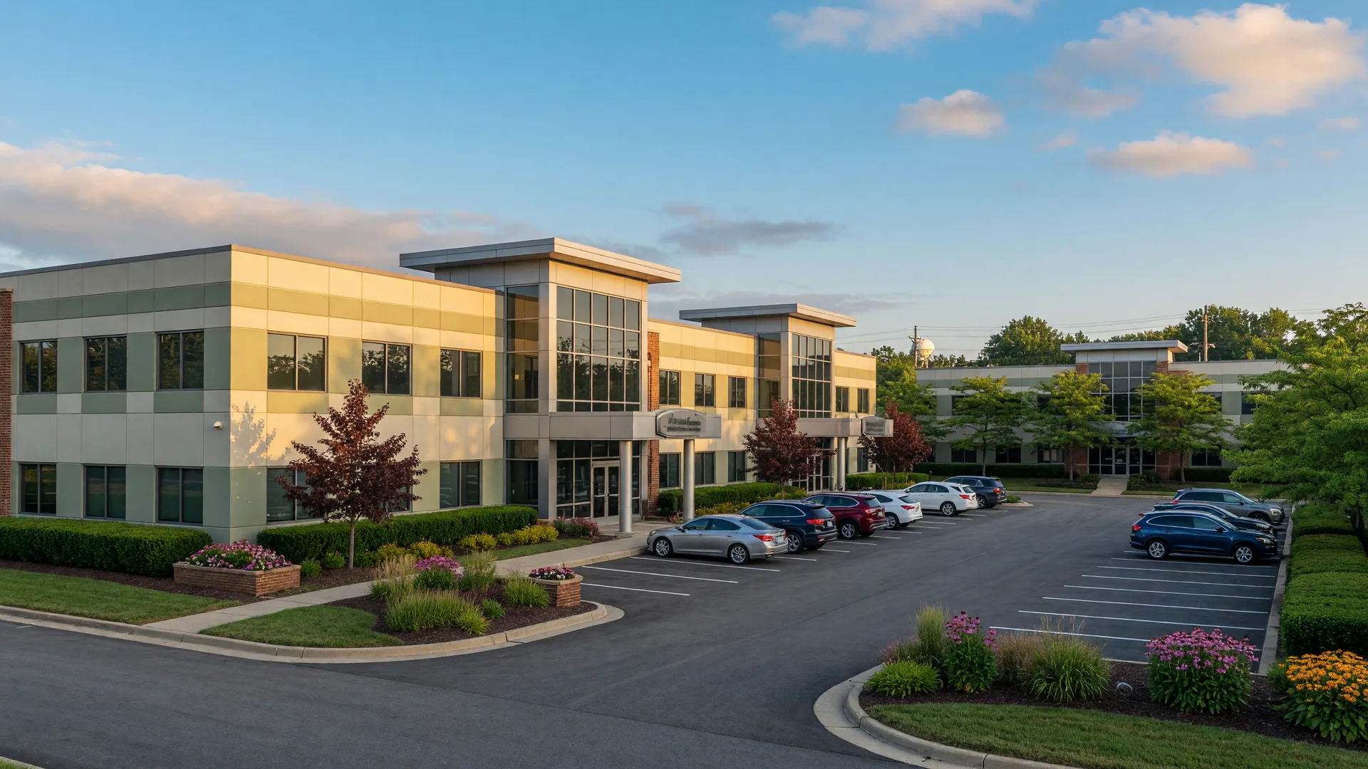 Modern commercial building complex in a Northeast Ohio suburban business park with professional landscaping and warm late-summer morning light
