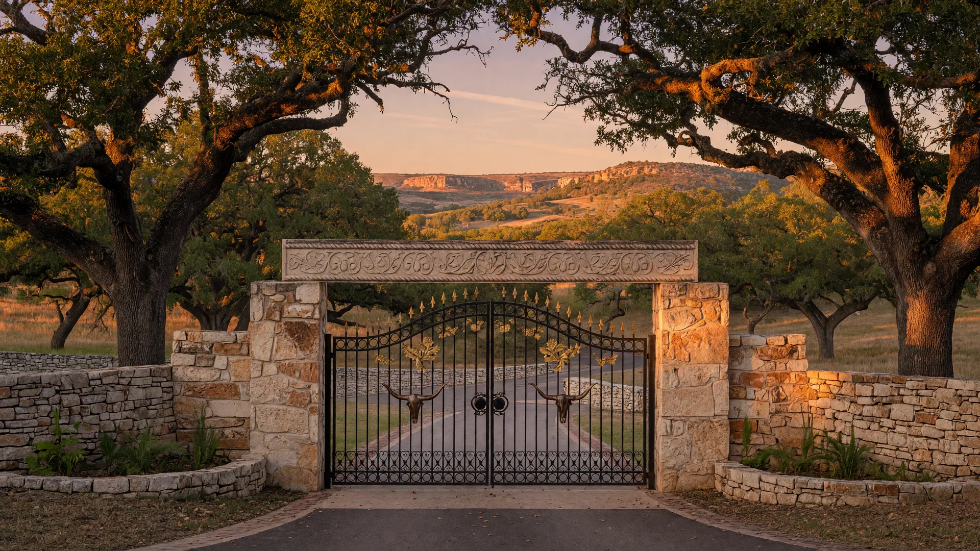 Grand stone and wrought iron entrance gate to Anaqua Springs luxury community in the Texas Hill Country at golden hour