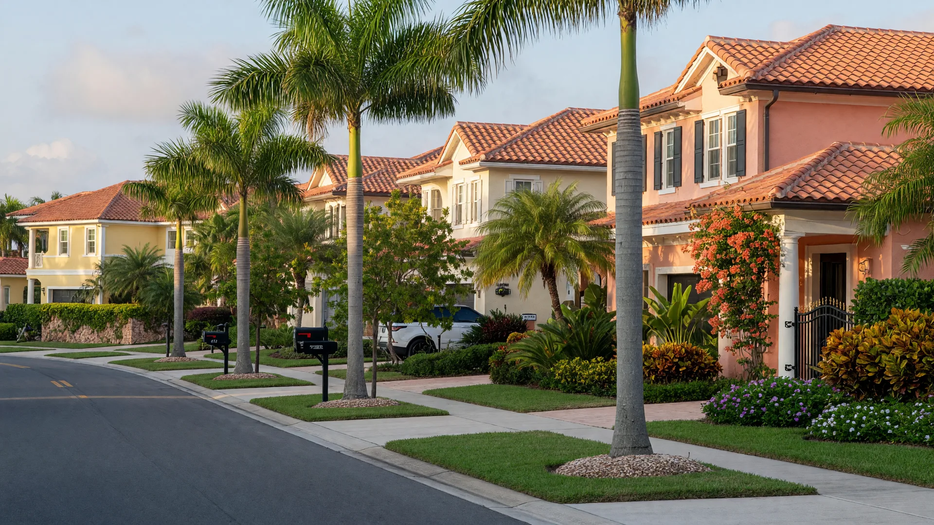 An upscale coastal Florida neighborhood with terracotta-roofed homes and tropical landscaping on a bright summer morning, representing the Sarasota area real estate market