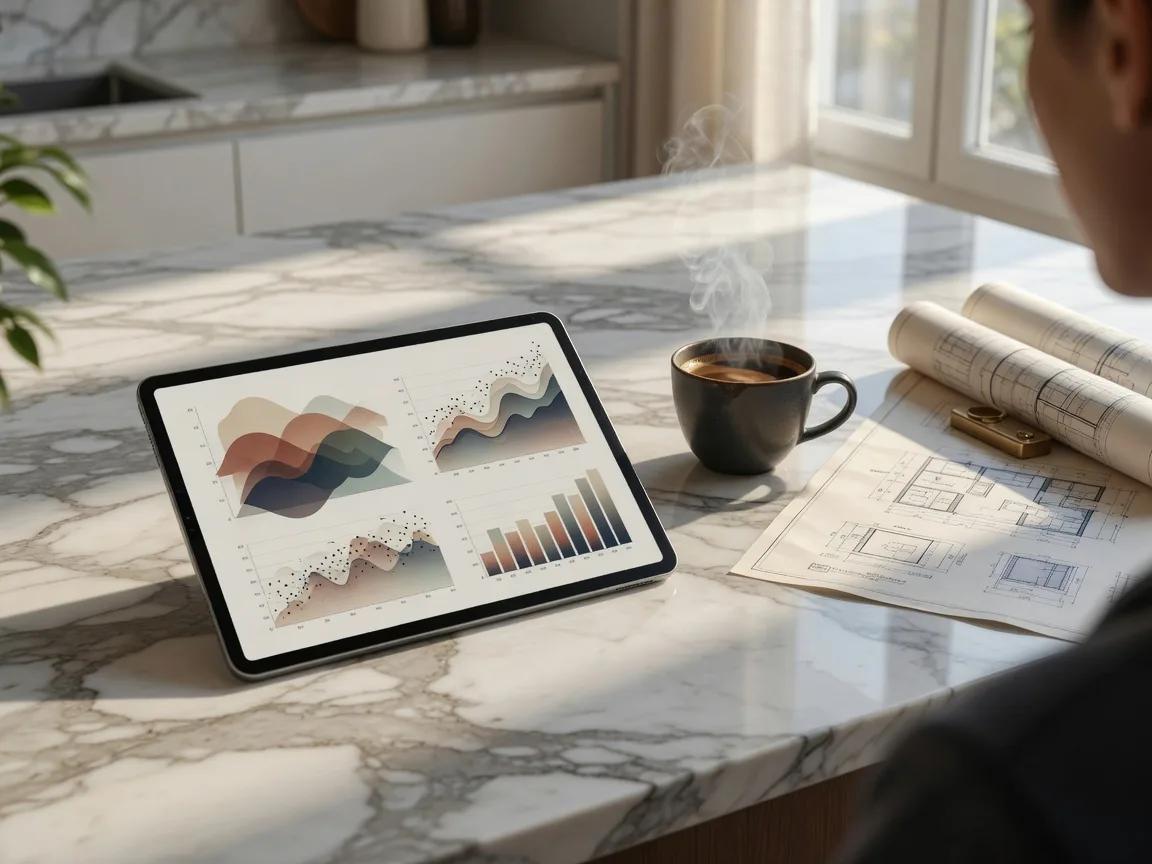 Professional home valuation with market data on iPad and architectural blueprints on a marble island