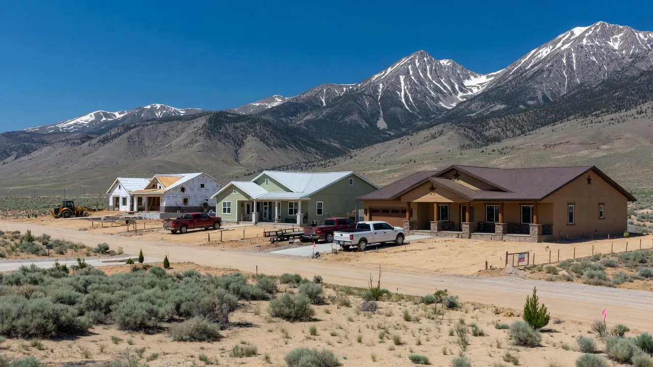 New ranch-style and western homes in Elko Nevada with sagebrush terrain and the snow-capped Ruby Mountains rising dramatically in the background