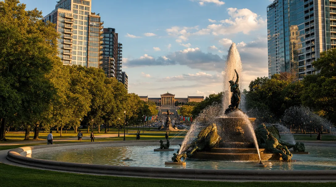 Logan Square with Swann Fountain and Benjamin Franklin Parkway leading to the Philadelphia Museum of Art