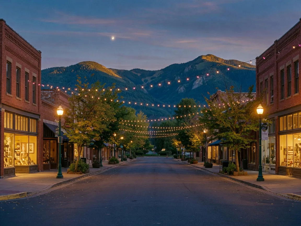 Historic storefronts on an Ashland main street glowing warm at dusk, with blue hills behind