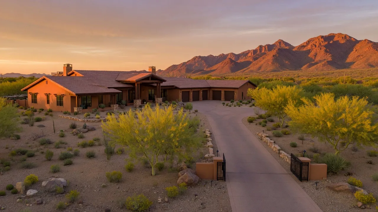 Sprawling custom estate on a large lot in Queen Creek Arizona at golden hour with the San Tan Mountains behind
