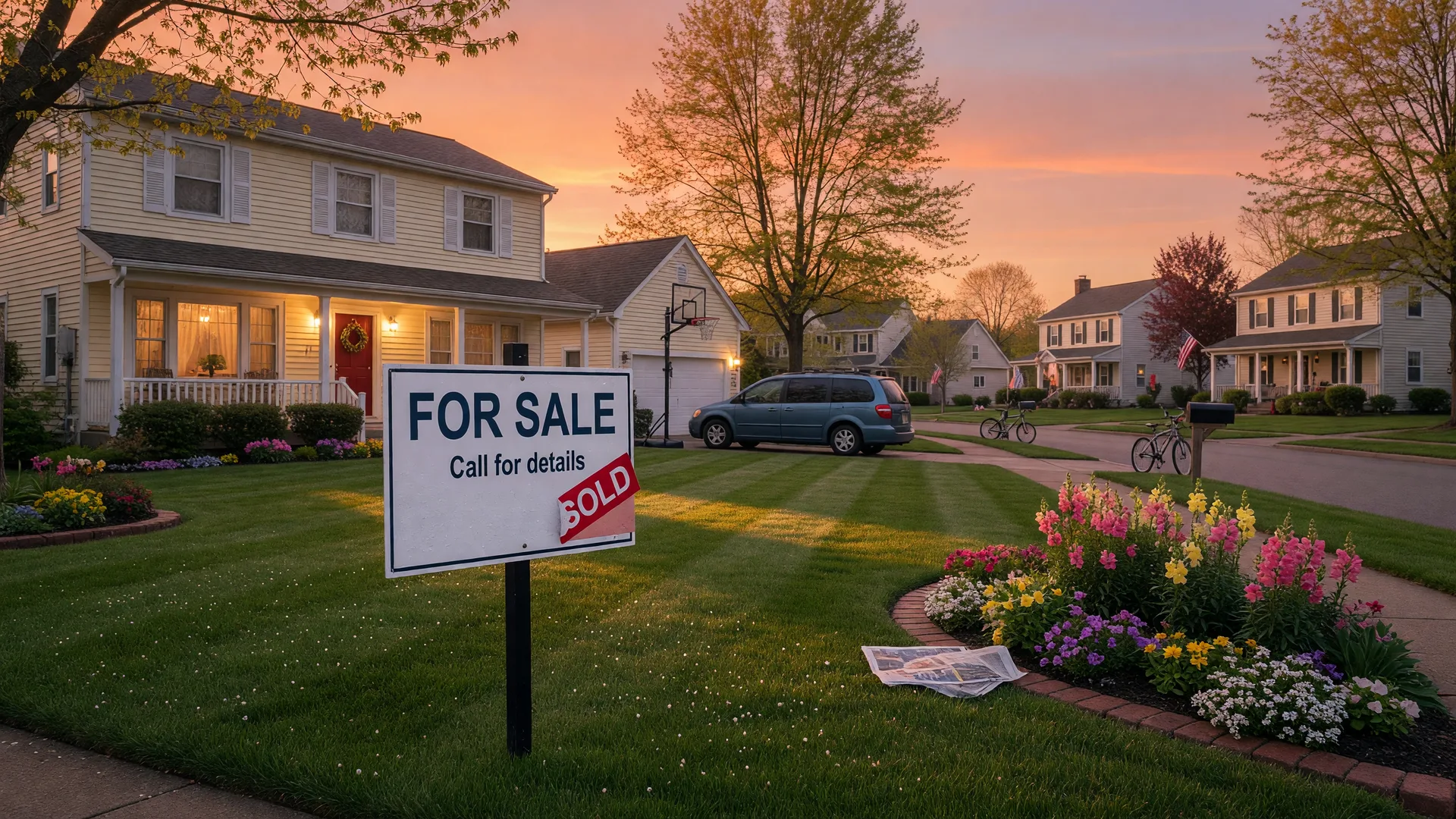 Fresh start sunrise with for sale sign