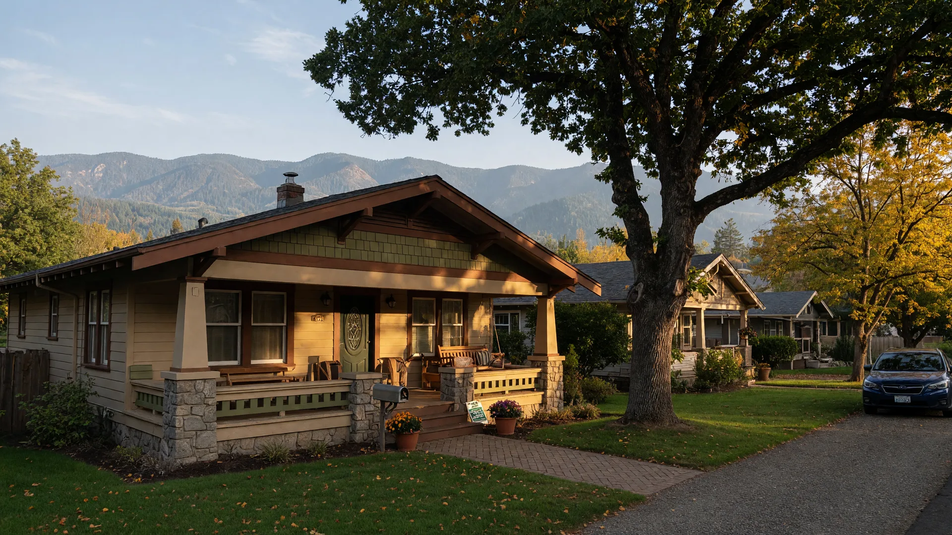 A charming craftsman home in the Rogue Valley near Medford, Oregon bathed in golden early-fall light