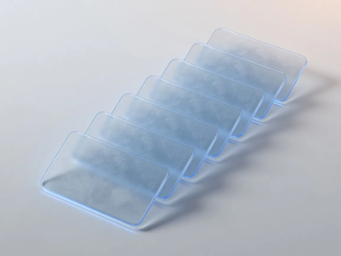 Translucent offer cards stacked in an ascending staircase formation, each with a glowing blue edge, showing offers stacking in value