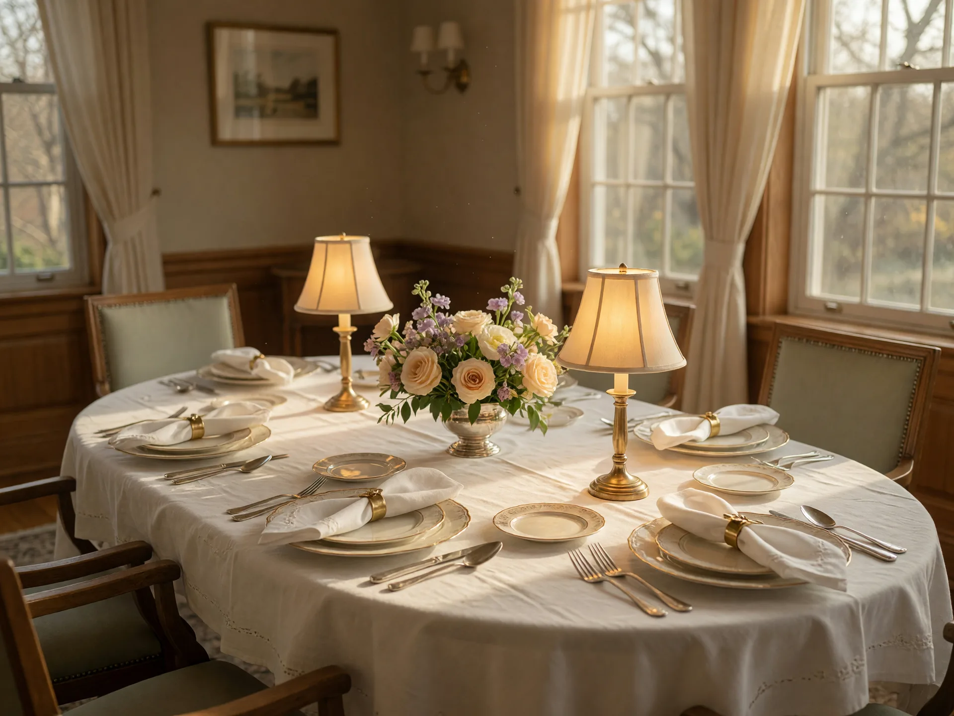 An elegantly set dining table in a gracious retirement residence dining room, with warm lamps and fresh flowers