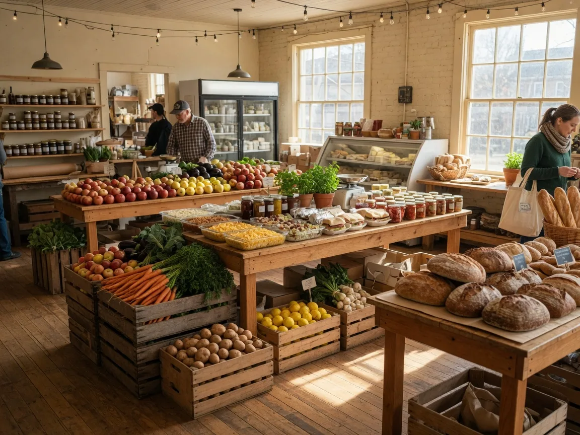 The warm interior of a year-round food market in Flourtown, Pennsylvania