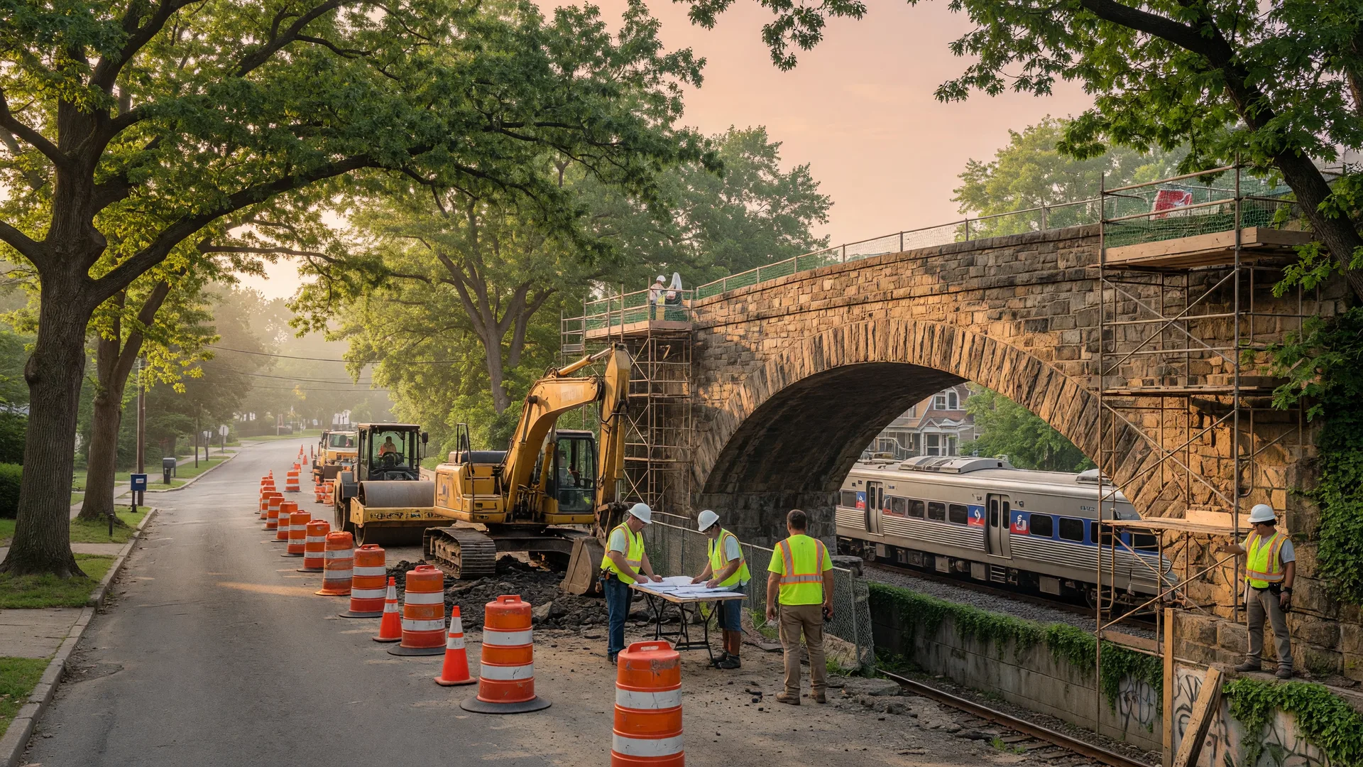 Construction equipment and orange barrels on Route 611 near the SEPTA Noble Station bridge in Abington Township on a bright summer morning, with the historic bridge structure visible behind barriers