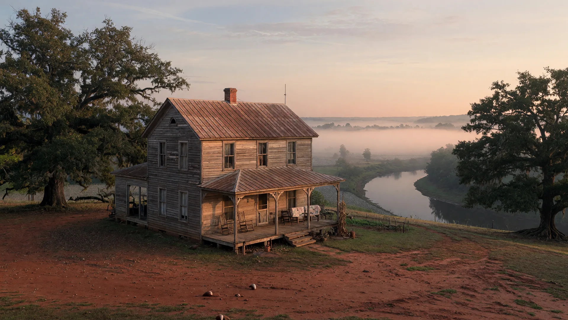 A historic farmhouse on high flat land above a misty river valley at dawn, with a covered porch facing the bottomlands and old pecan and oak trees
