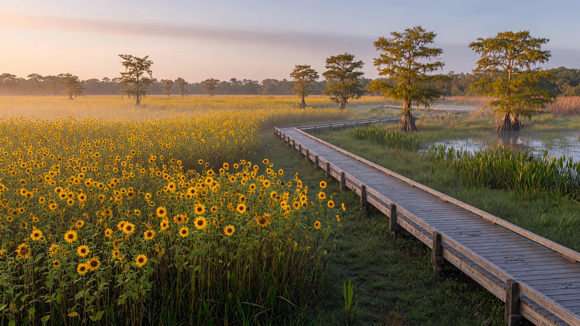 Thousands of golden southeastern sunflowers blooming in a misty wetland meadow beside a wooden boardwalk at a Southwest Florida swamp sanctuary in October