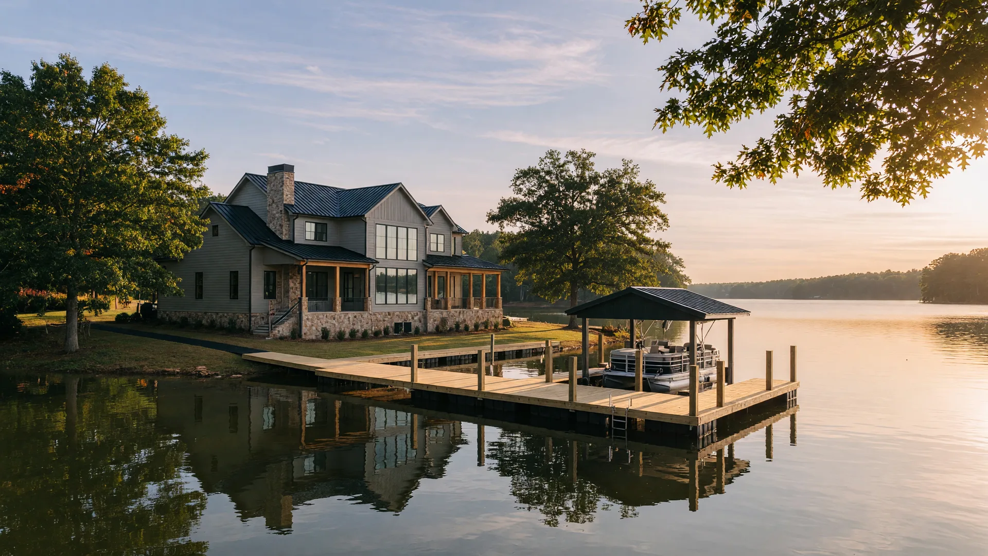 A newly built custom lakefront home in Lake Norman with a stone and siding exterior, a large window wall facing the water, a new timber boat dock with a covered lift, and a calm golden-hour lake