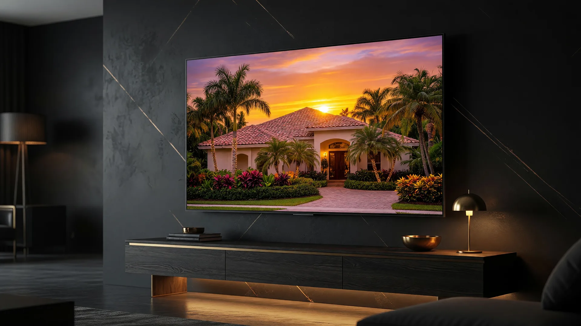 A large flat-screen television on a dark wall showing a beautiful Florida home at sunset, with warm gold accent lighting in an elegant room