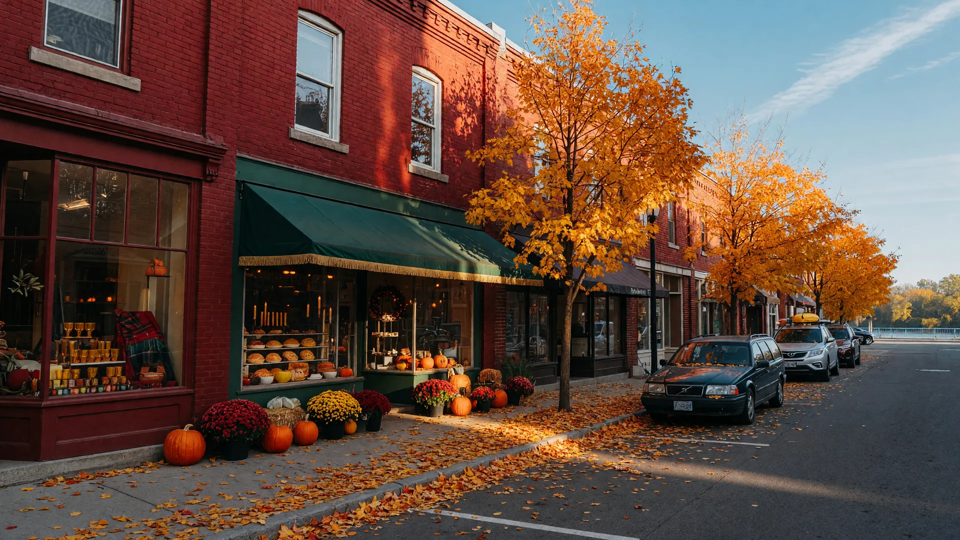 Main street of a small Ontario river town on a crisp Thanksgiving weekend Saturday morning with heritage shopfronts, pumpkins and mums, and maples at peak fall colour