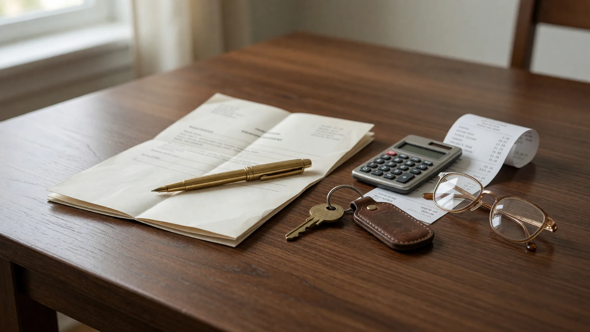 A real estate closing scene on a dark wood table: a folded purchase agreement, a pen, a house key, a calculator with a receipt slip, and reading glasses