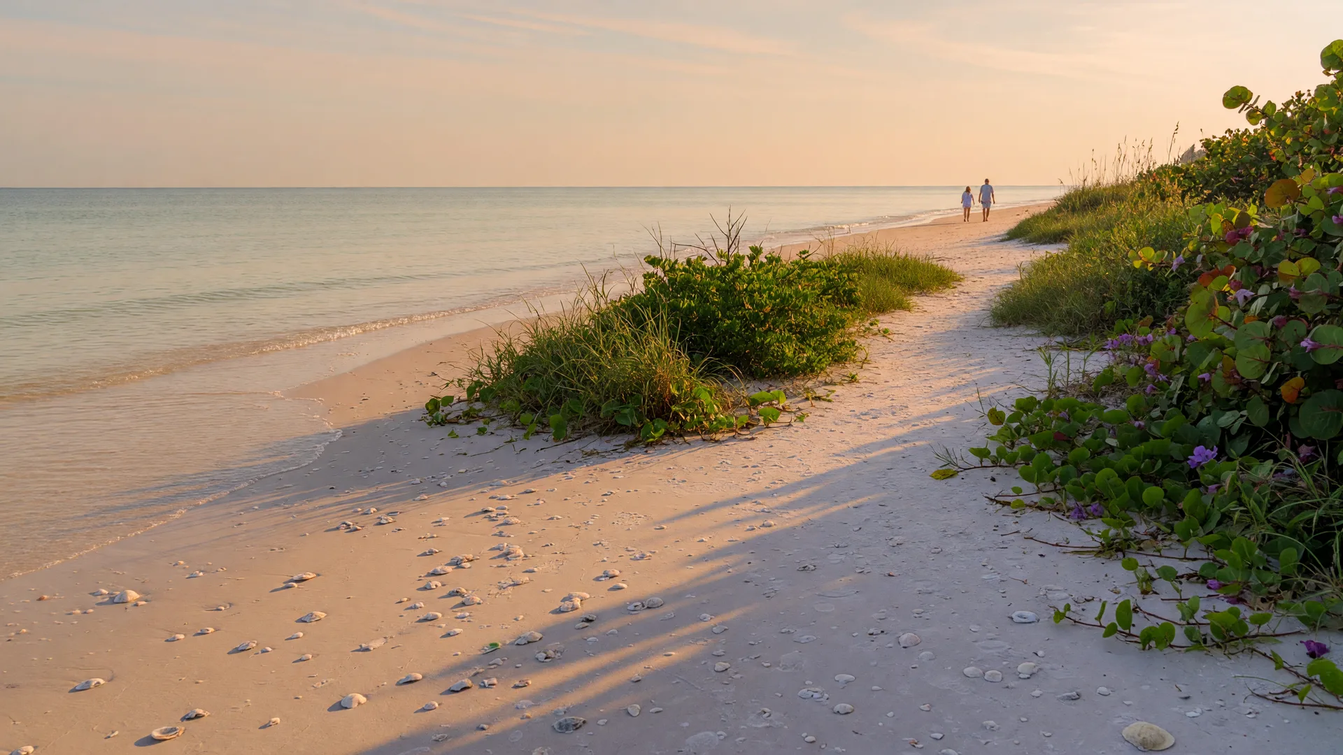 Quiet, undeveloped beach with dune vegetation at Crescent Beach on Siesta Key