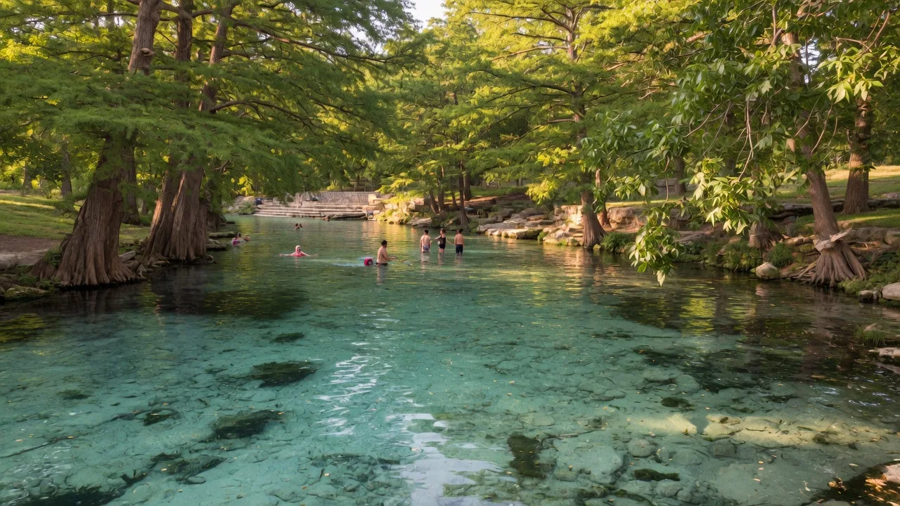 Crystal-clear spring-fed San Marcos River at Sewell Park with cypress trees lining the banks and swimmers in golden summer light
