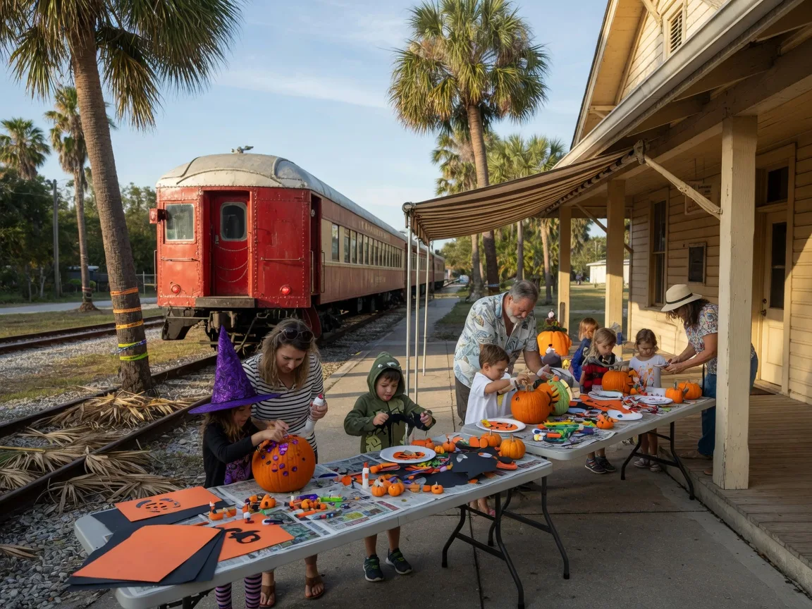 A family Halloween craft event at a historic Florida train depot museum with a vintage railway car, craft tables set up under an awning with pumpkin decorating supplies, and palm trees in the morning light