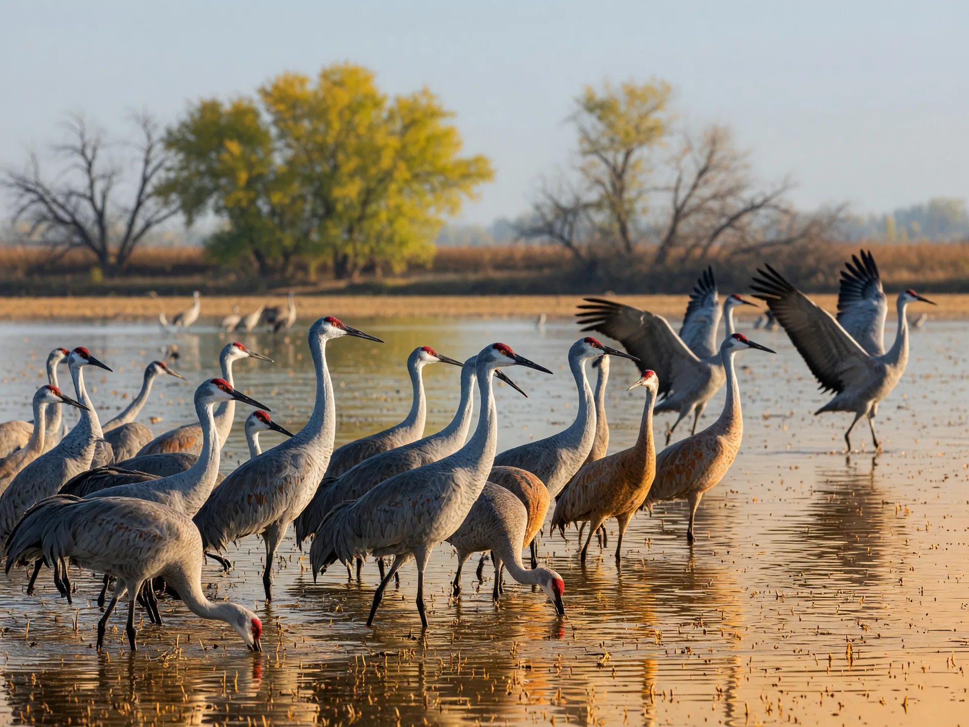 A large flock of sandhill cranes feeding in a shallow seasonal wetland at Merced National Wildlife Refuge on a clear late-October morning, tall gray long-necked birds with rust-colored crowns, a few lifting off against a pale blue sky, yellowing cottonwoods along the marsh edge