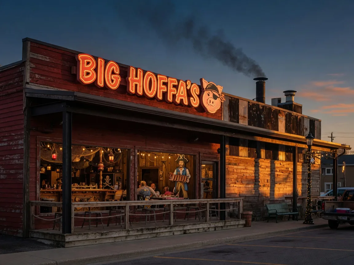 Big Hoffa's Smokehouse and Tavern in Westfield Indiana — a rustic wood-and-metal barbecue restaurant exterior with a glowing neon sign and barbecue smoke drifting at golden hour