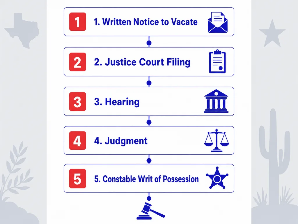 Texas eviction process infographic with five numbered steps: written notice to vacate, Justice Court filing, hearing, judgment, and constable writ of possession